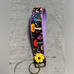 New handcrafted by me, neon mushroom rainbow wristlet with metal keychain, 6”